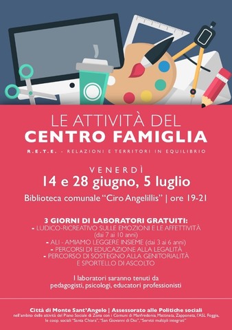 “Centro famiglia”: venerdì 14 giugno partono i laboratori gratuiti a Monte Sant’Angelo